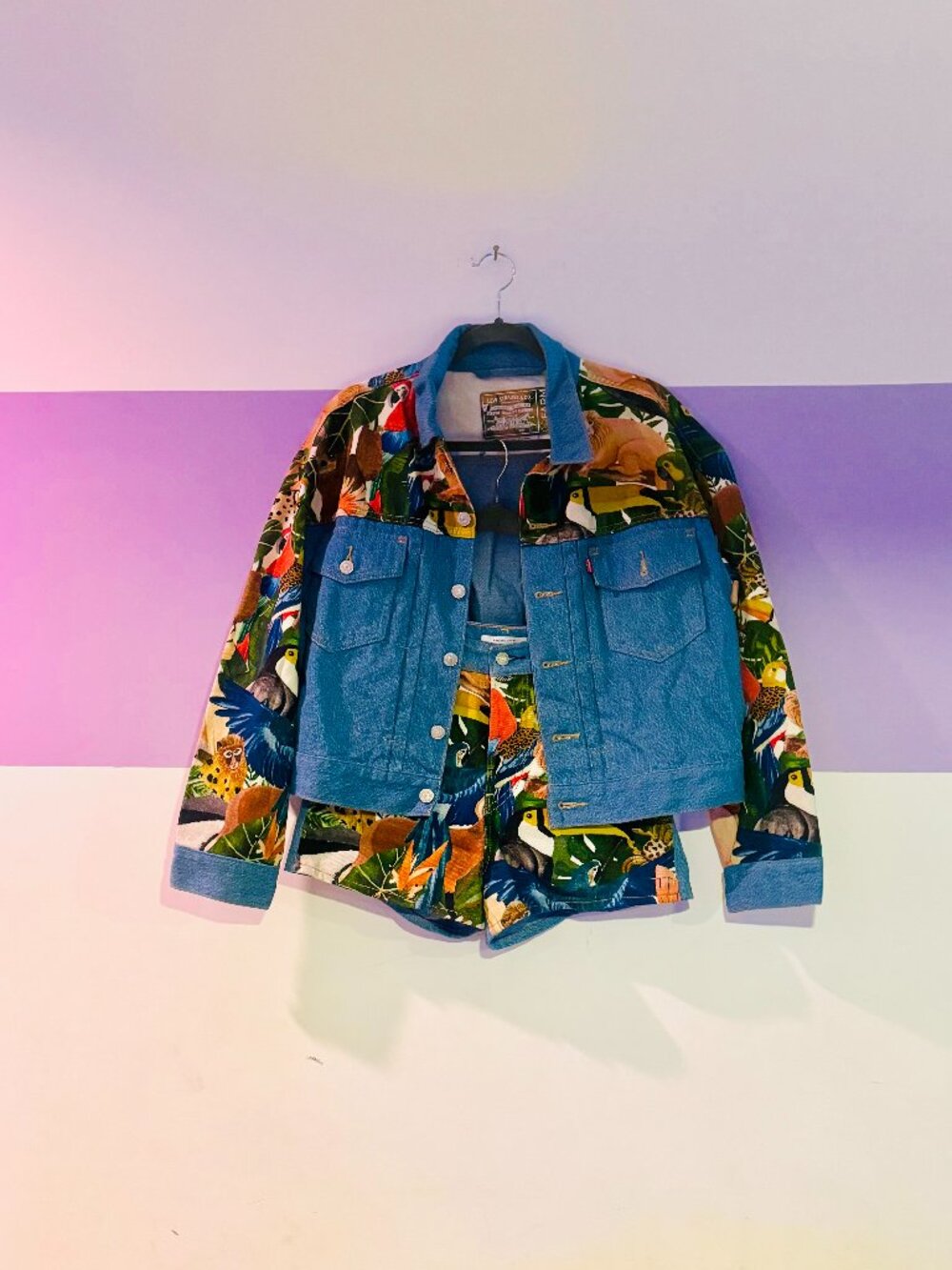 SET // Levi’s x Farm Rio Canopy Collage Denim Trucker Jacket & Shorts